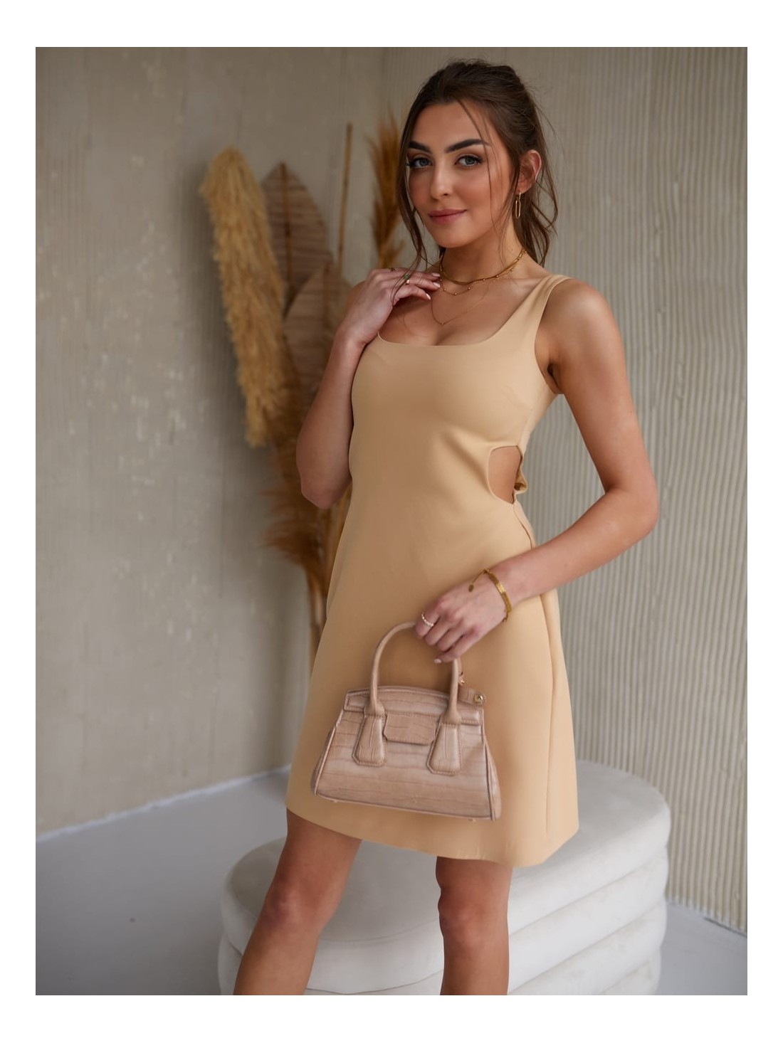 Elegant dress on straps with cutouts, beige 110547 - Online store - Boutique